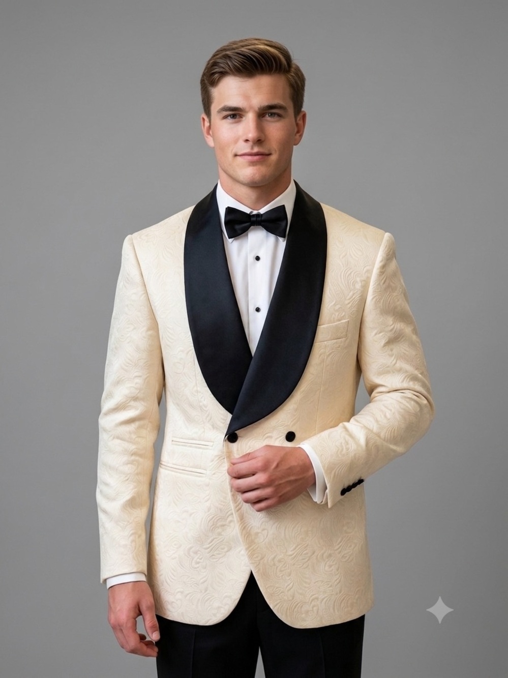 Luxury Cream Jacquard Tuxedo Blazer with Black Shawl Lapel
